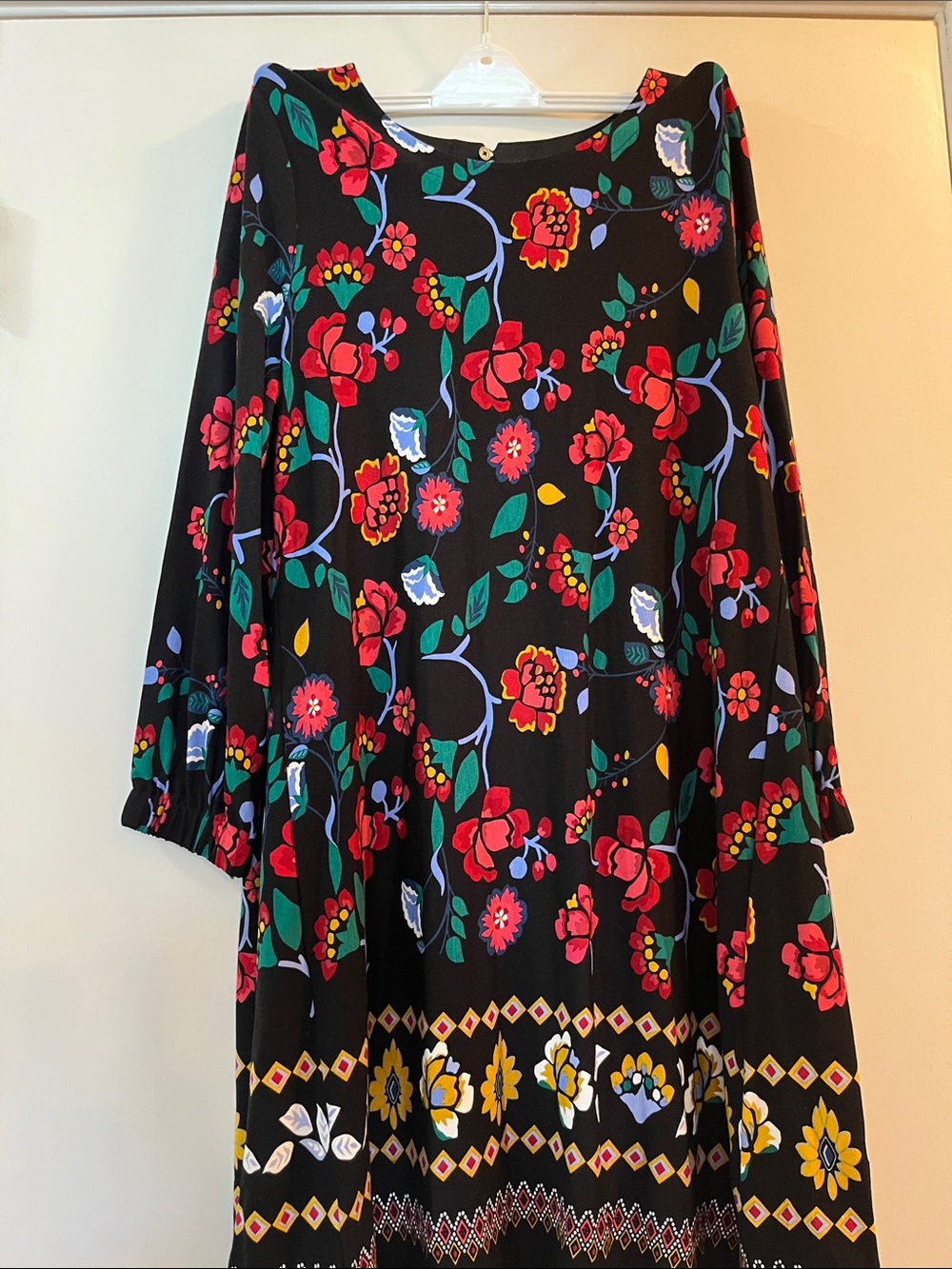 LOFT Black Long-Sleeve Floral A-Line Dress with Red & Green Print
